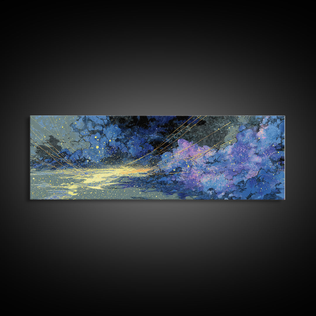 Blue Gold Cosmic Waves With Starry Light, African Abstract Wall Art, Modern Canvas Art, Dreamy Wall Decor, Luxury Home Decor