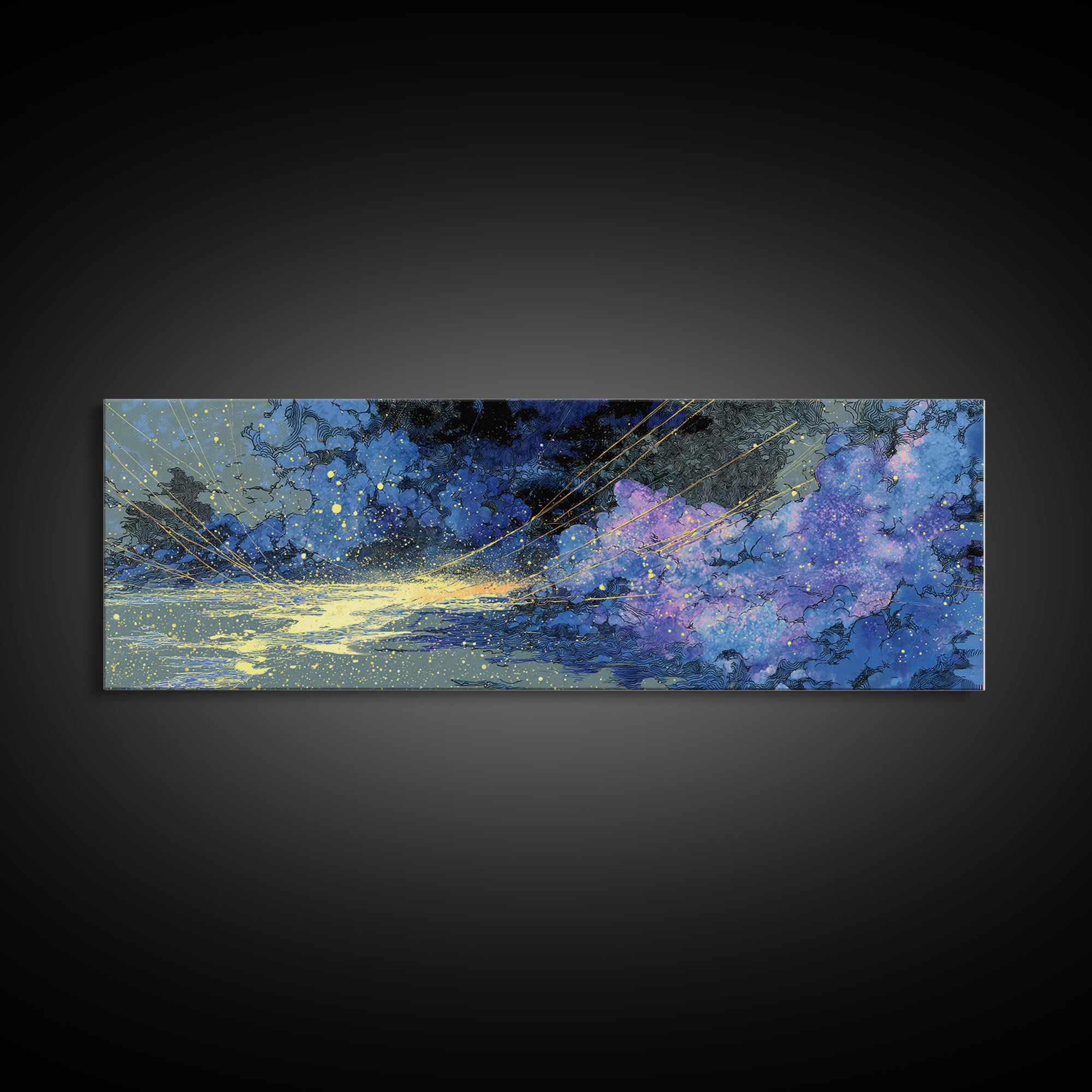 Blue Gold Cosmic Waves With Starry Light, African Abstract Wall Art, Modern Canvas Art, Dreamy Wall Decor, Luxury Home Decor