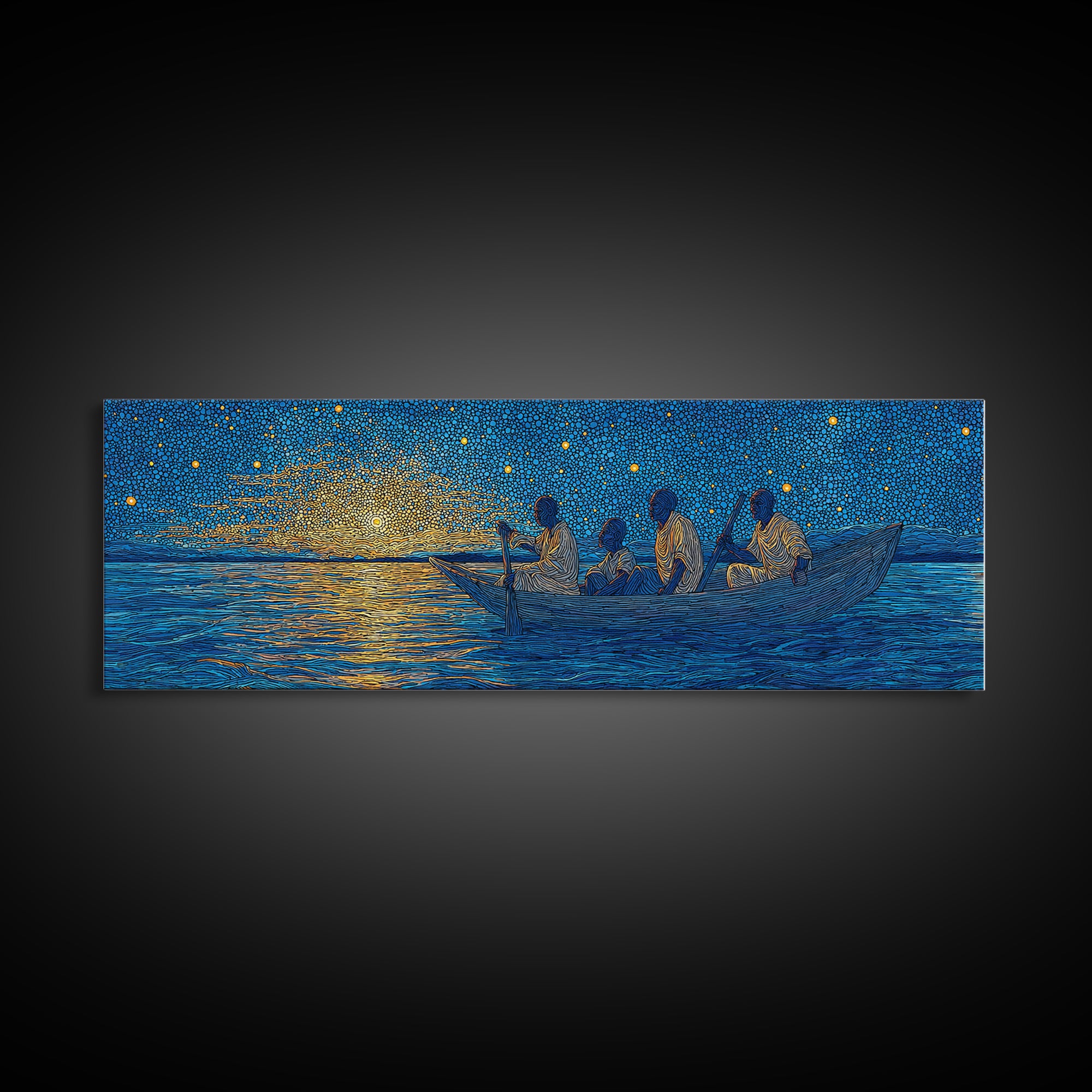 Golden Sunset Canoe Fishermen Wall Art, African Safari Art Print, Blue Lake Landscape, Serene Bedroom Canvas Home Decor Gift