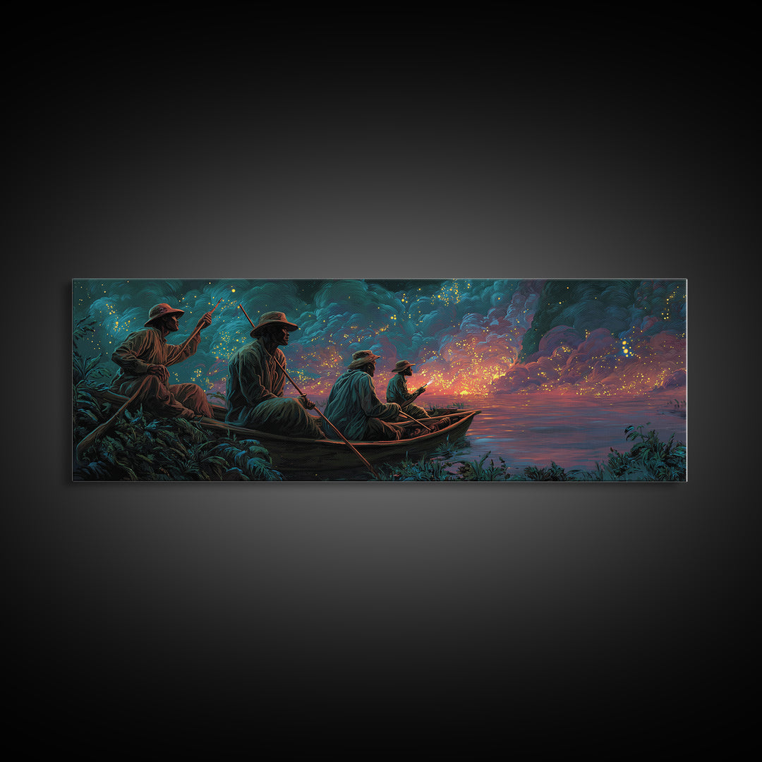 Stormy River Fishermen At Twilight Framed Canvas Print, African Landscape Wall Decor, Moody Safari Art, Unique Home Decor