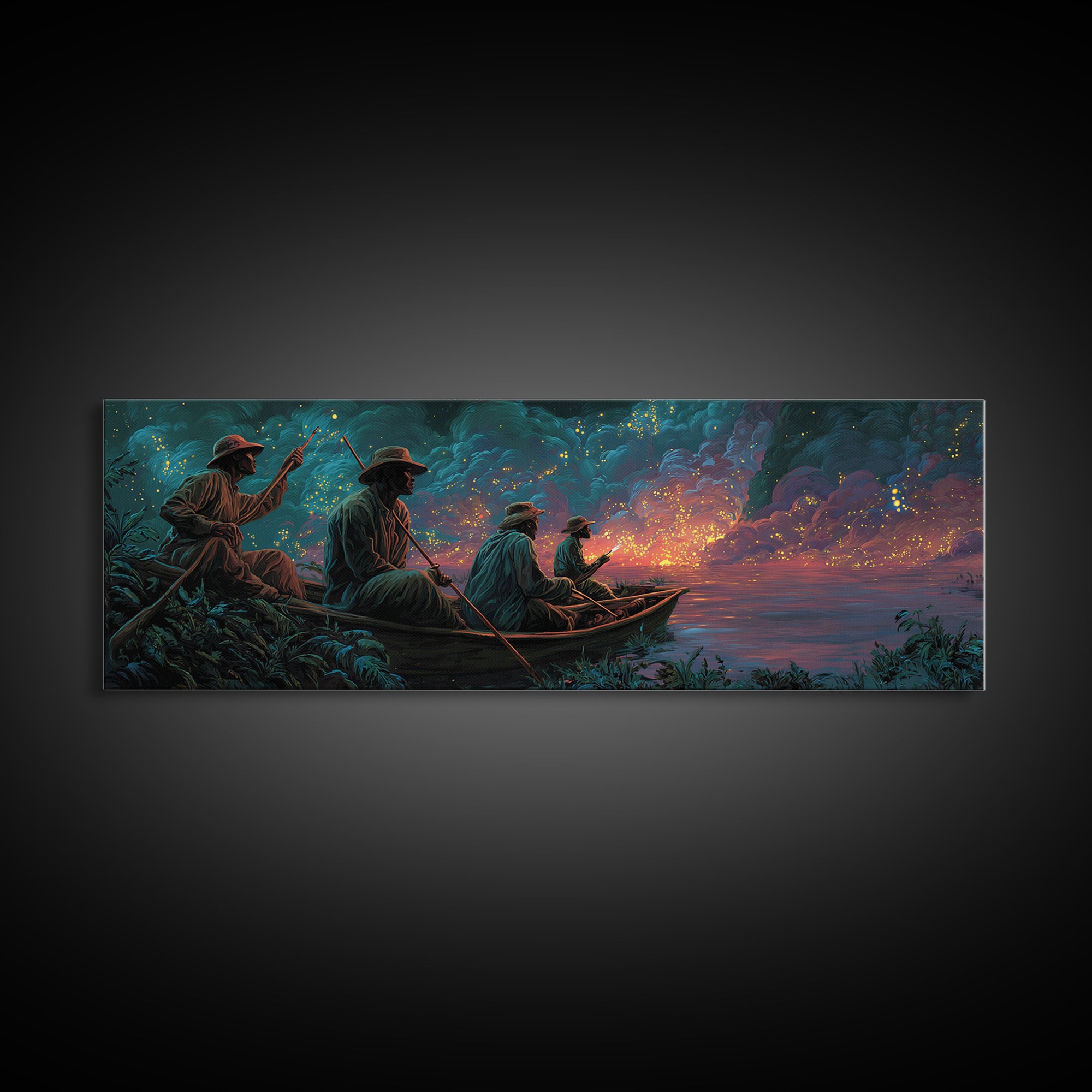 Stormy River Fishermen At Twilight Framed Canvas Print, African Landscape Wall Decor, Moody Safari Art, Unique Home Decor