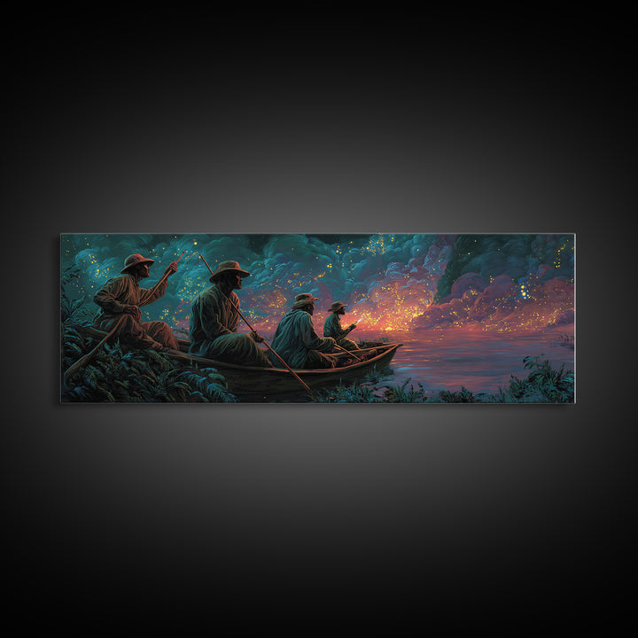 Stormy River Fishermen At Twilight Framed Canvas Print, African Landscape Wall Decor, Moody Safari Art, Unique Home Decor