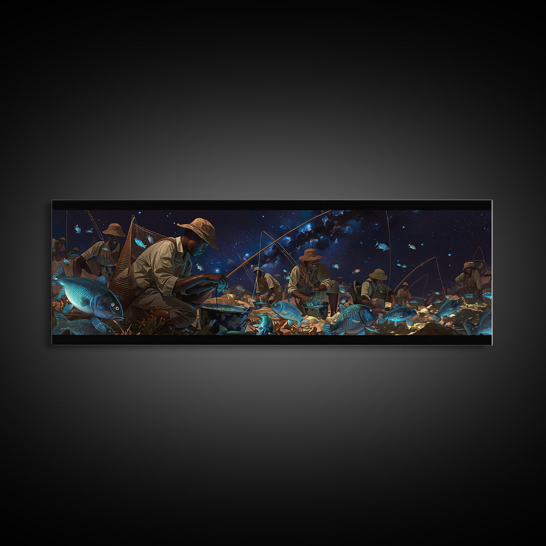 Glowing Blue Fish Night Market Canvas Print, African Fishermen Wall Art, Afrofuturism Decor, Contemporary Gallery Art Gift