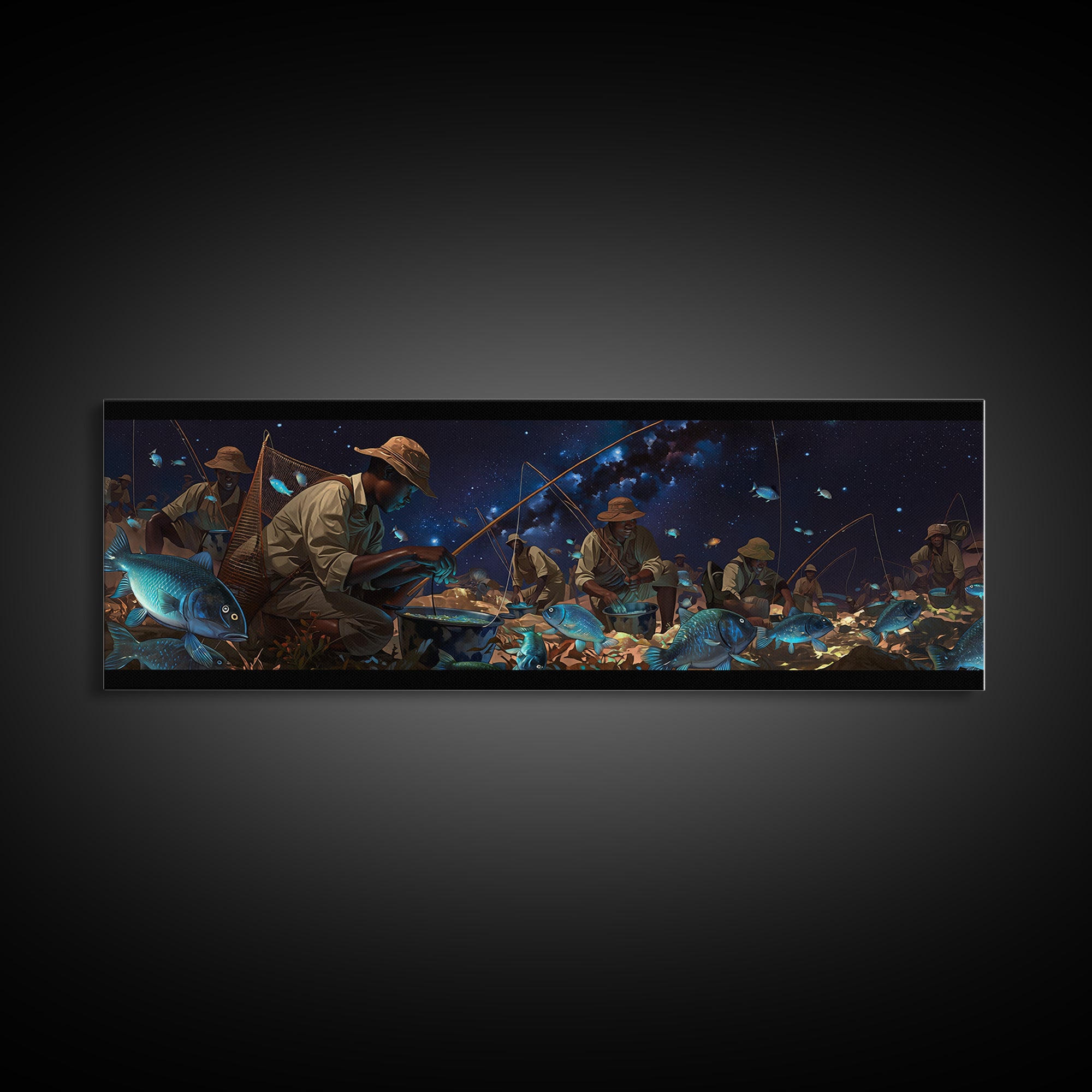 Glowing Blue Fish Night Market Canvas Print, African Fishermen Wall Art, Afrofuturism Decor, Contemporary Gallery Art Gift