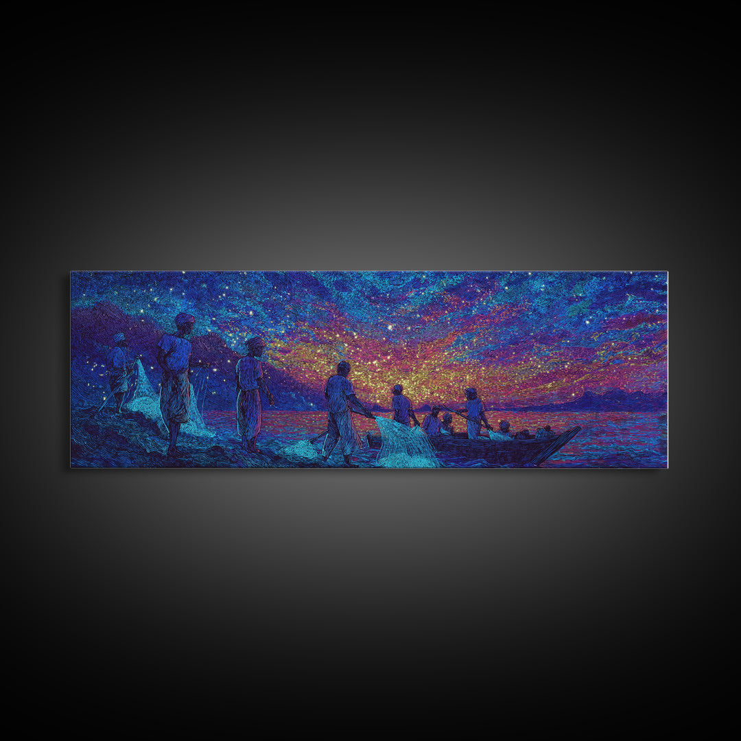 Stargazing Fishermen At Shore Canvas Print, African Wall Art, Vibrant Blue Purple Night, Afrocentric Unique Home Decor Gift