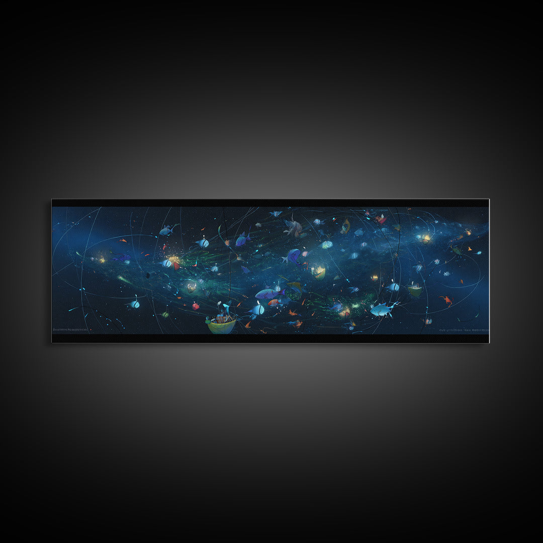 Cosmic Ocean Fish And Nets Wall Art, Dreamy Canvas Print, African Inspired Underwater Scene, Modern Blue Home Decor Gift