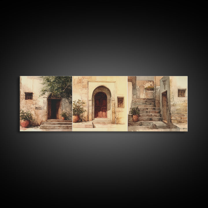 Whitewashed Doorway And Stone Steps Canvas Print, Moroccan Travel, African Home Decor, Beige Wall Art, Rustic Home Decor