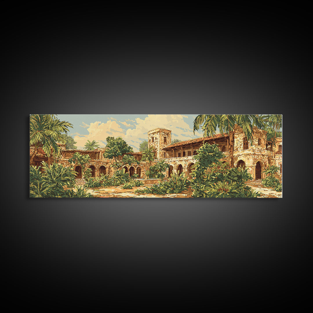 Tropical Courtyard Ruins With Palms Wall Art, African Inspired Landscape, Boho Home Decor, Living Room Canvas Print, Statement Wall Decor