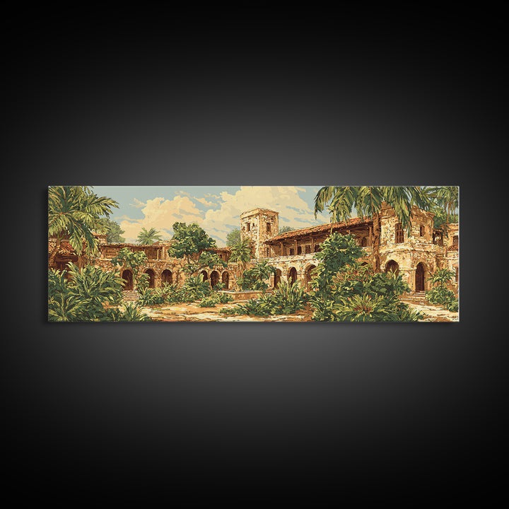 Tropical Courtyard Ruins With Palms Wall Art, African Inspired Landscape, Boho Home Decor, Living Room Canvas Print, Statement Wall Decor