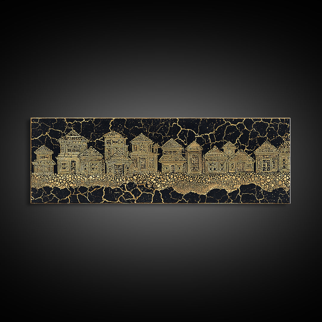 Gold Line Village On Cracked Black Wall Art, African Tribal Art, Ethnic Wall Decor, Modern Canvas Print, Cultural Home Decor