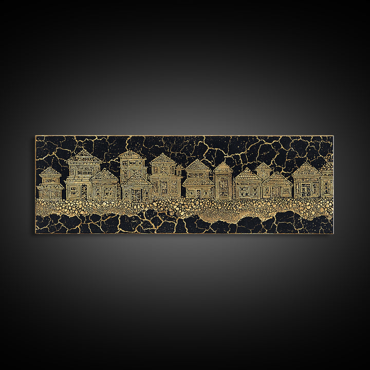 Gold Line Village On Cracked Black Wall Art, African Tribal Art, Ethnic Wall Decor, Modern Canvas Print, Cultural Home Decor