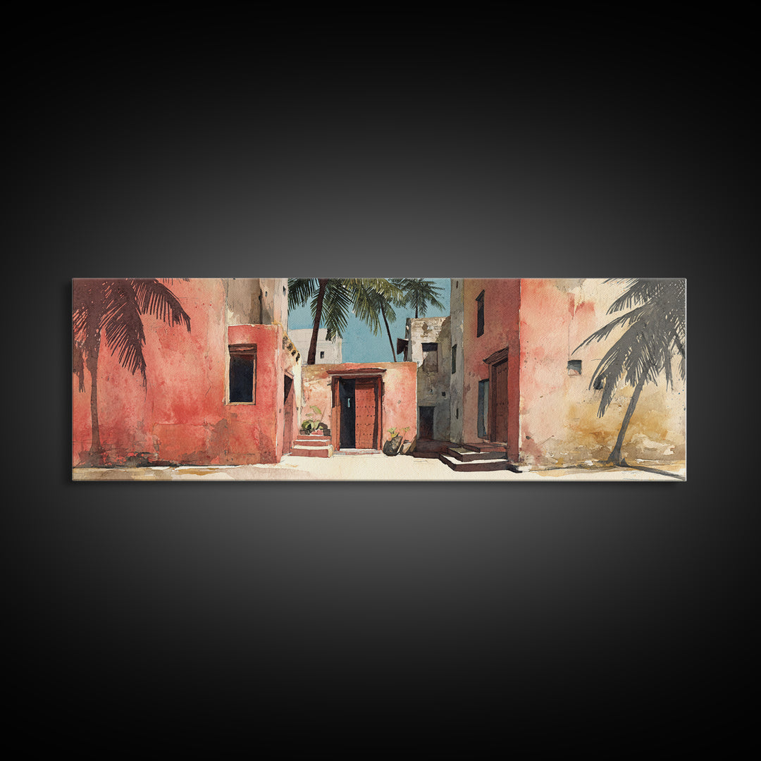 Sunlit Coral Adobe Alley With Palms Canvas Print, Moroccan Travel Poster, African Inspired Wall Art, Boho Bedroom Decor Gift