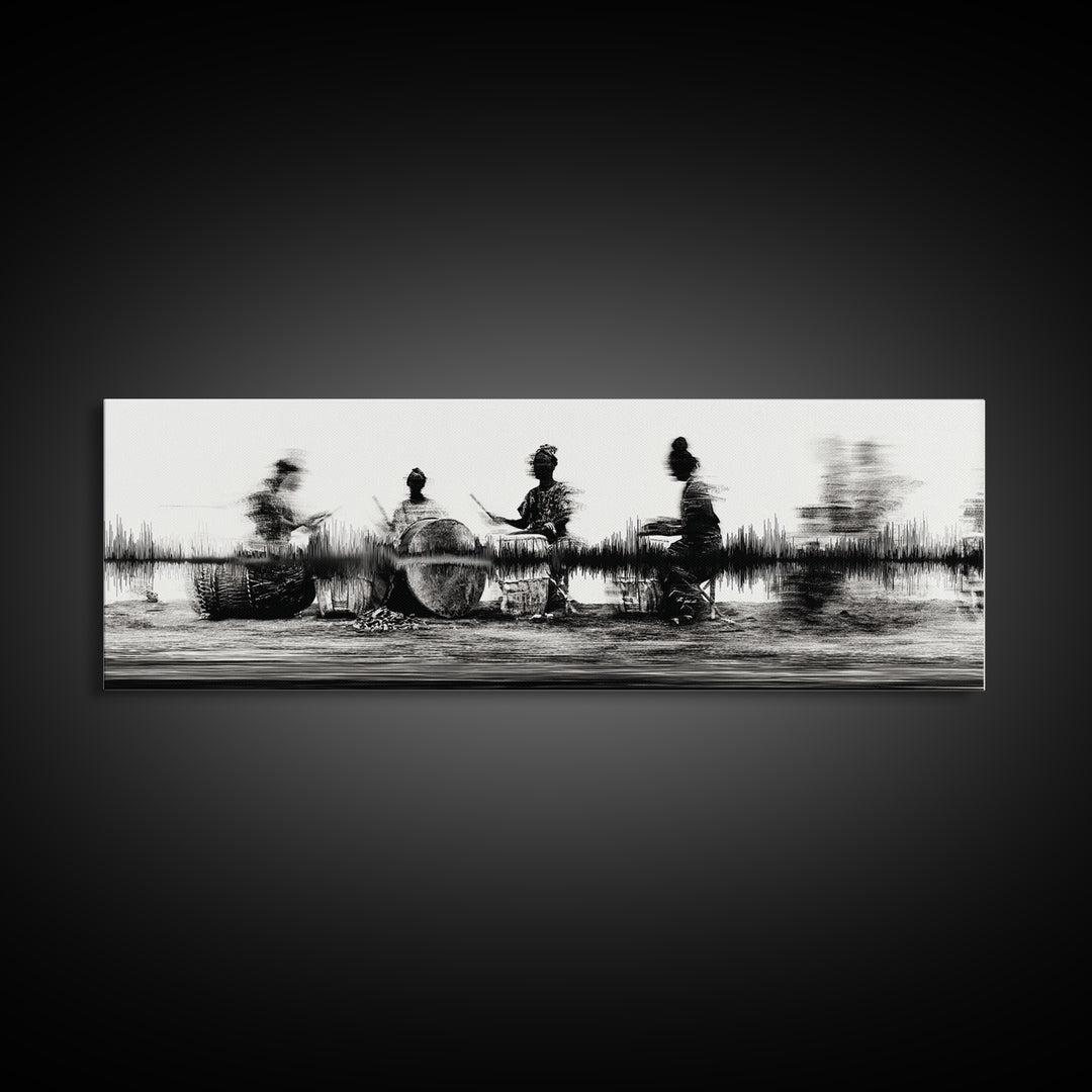 Black And White African Drummers Silhouette Wall Art, Tribal Music Decor, Afrocentric Canvas Print, Cultural Living Room Art