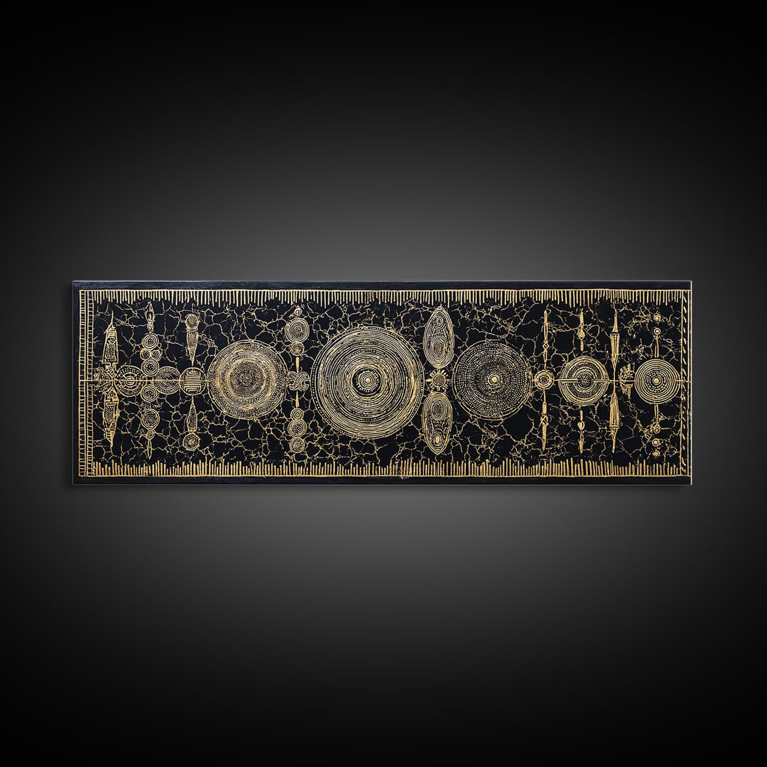 Gold Tribal Shields And Woven Kuba Patterns Framed Canvas Print, African Wall Decor, Ethnic Black Gold Cultural Art For Home