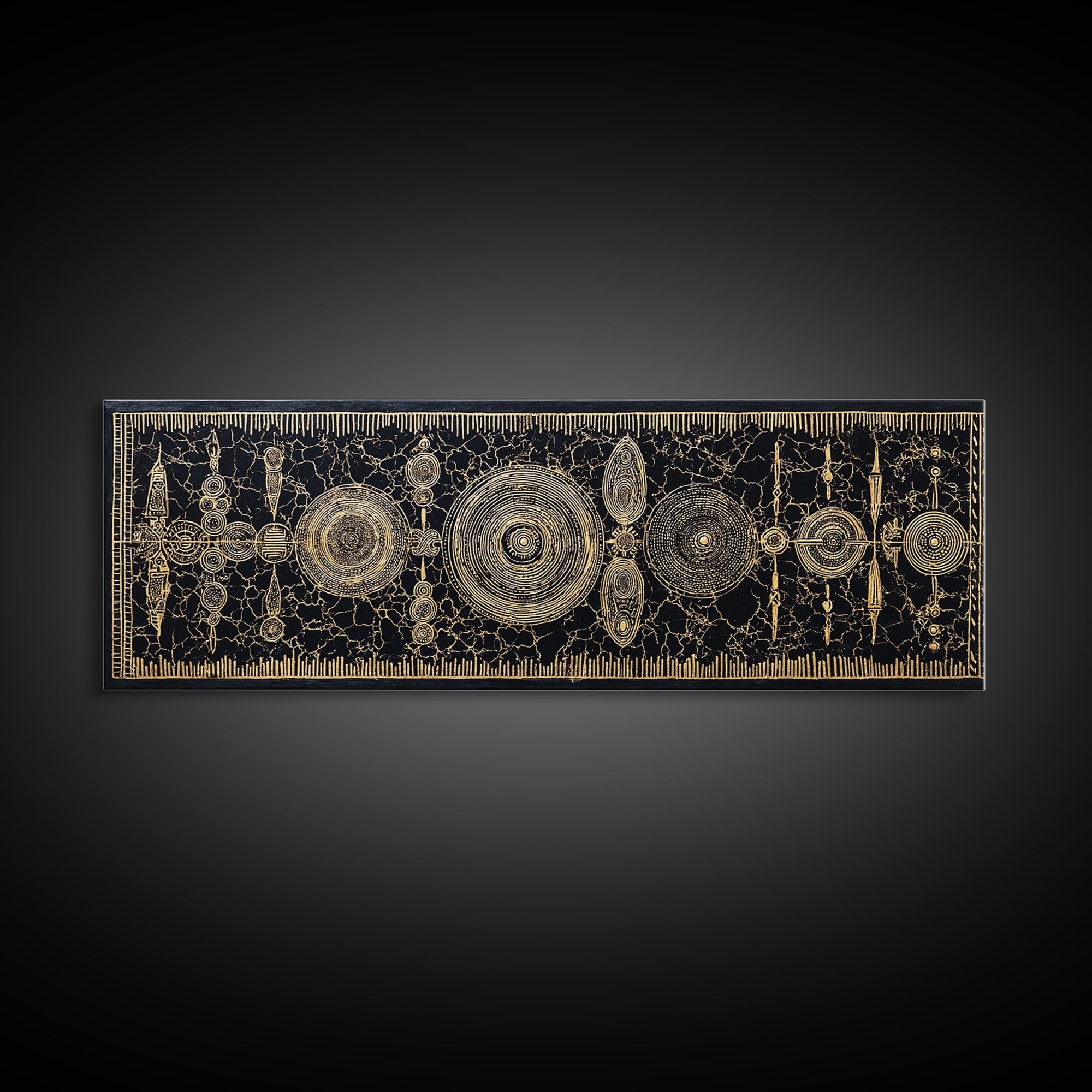 Gold Tribal Shields And Woven Kuba Patterns Framed Canvas Print, African Wall Decor, Ethnic Black Gold Cultural Art For Home