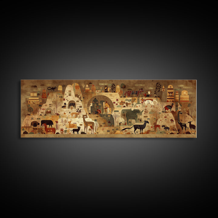 Ancient African Village With Wildlife And Huts Canvas Print, Safari Landscape Wall Decor, Tribal Culture Art For Living Room