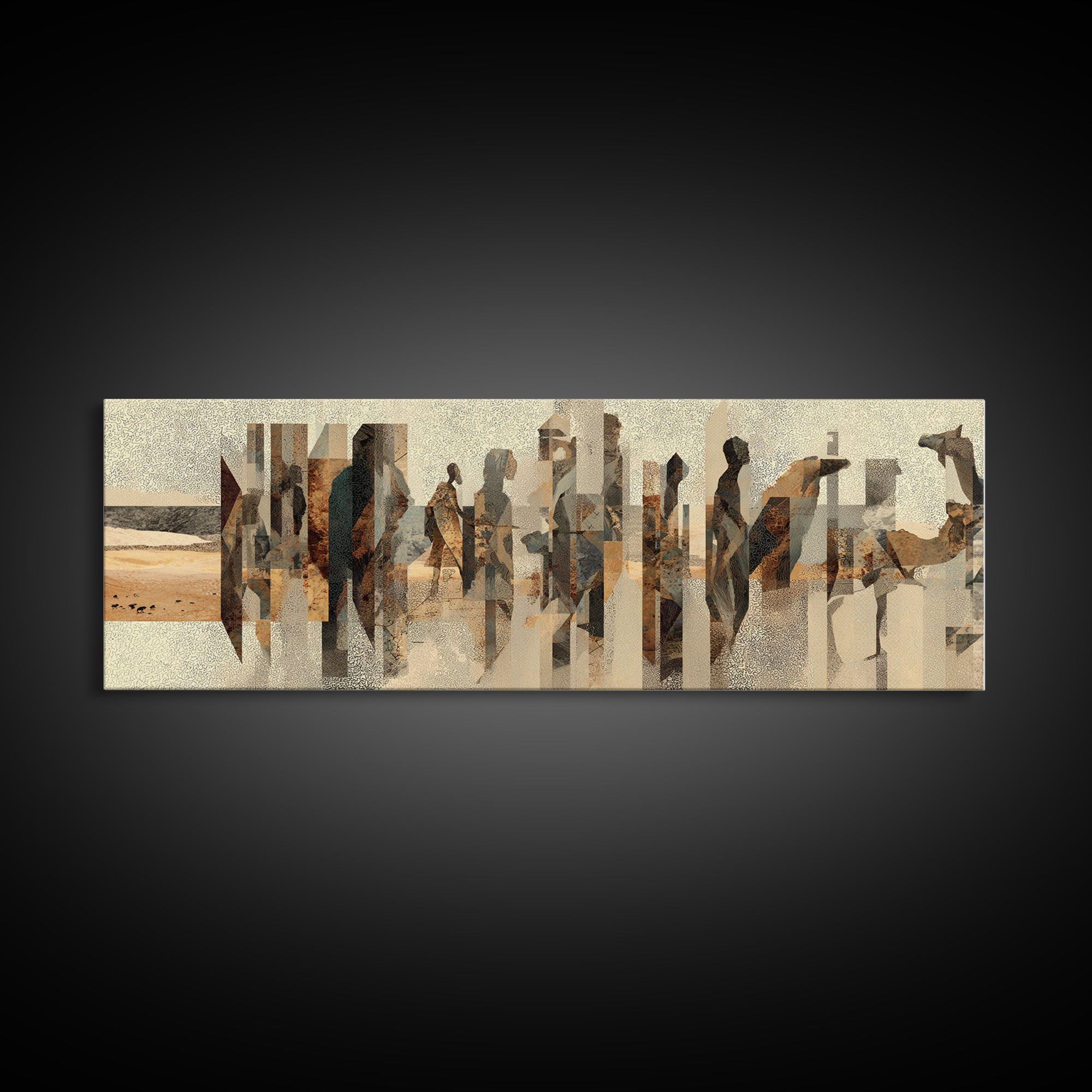 Abstract Desert Caravan With African Women Silhouettes Canvas Print, Minimalist Earth Tone Wall Decor, Cultural Portrait Art