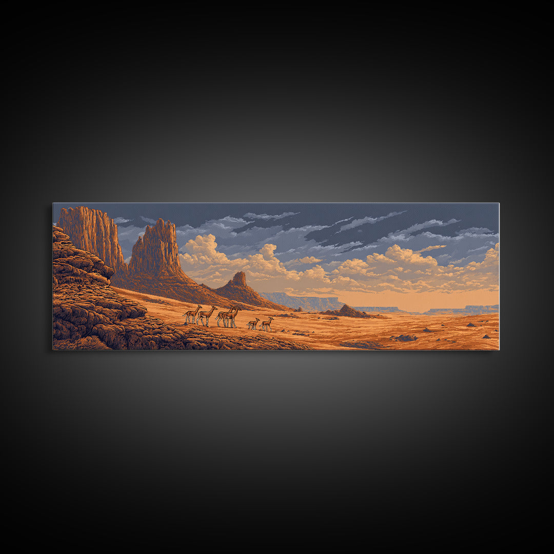 Golden Desert Safari With Antelope Herds And Mesas Wall Art, African Landscape Decor, Serengeti Inspired Canvas Print Gift
