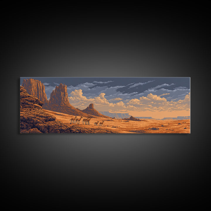 Golden Desert Safari With Antelope Herds And Mesas Wall Art, African Landscape Decor, Serengeti Inspired Canvas Print Gift