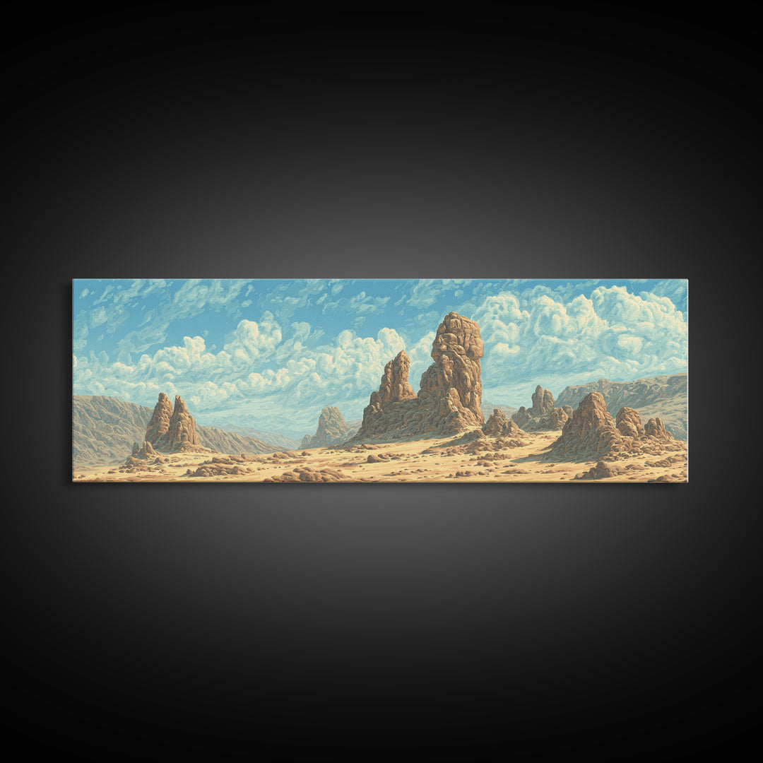 Sunlit Desert Rock Spires And Turquoise Sky Canvas Print, African Landscape Wall Decor, Dreamy Nature Scene Art For Home