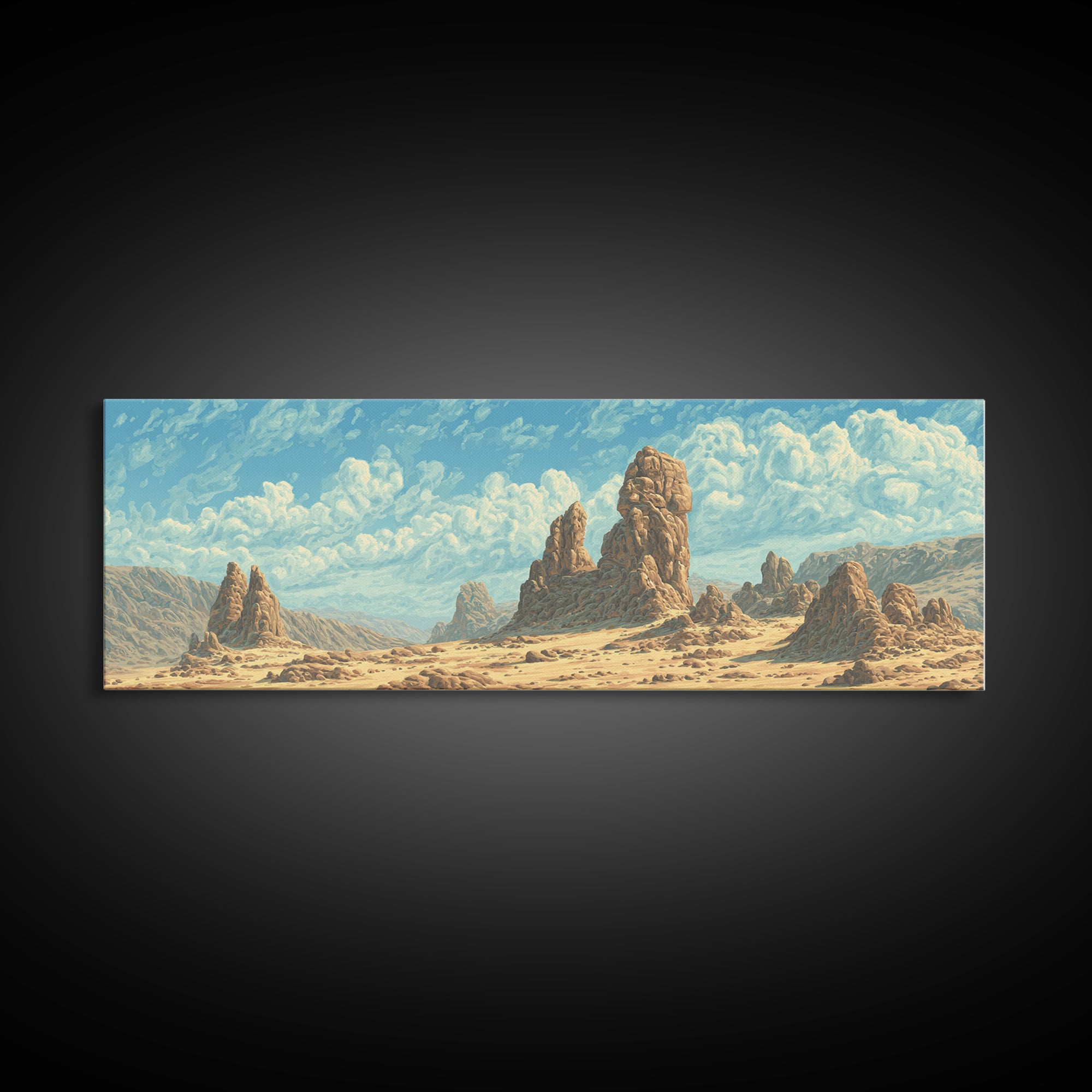 Sunlit Desert Rock Spires And Turquoise Sky Canvas Print, African Landscape Wall Decor, Dreamy Nature Scene Art For Home