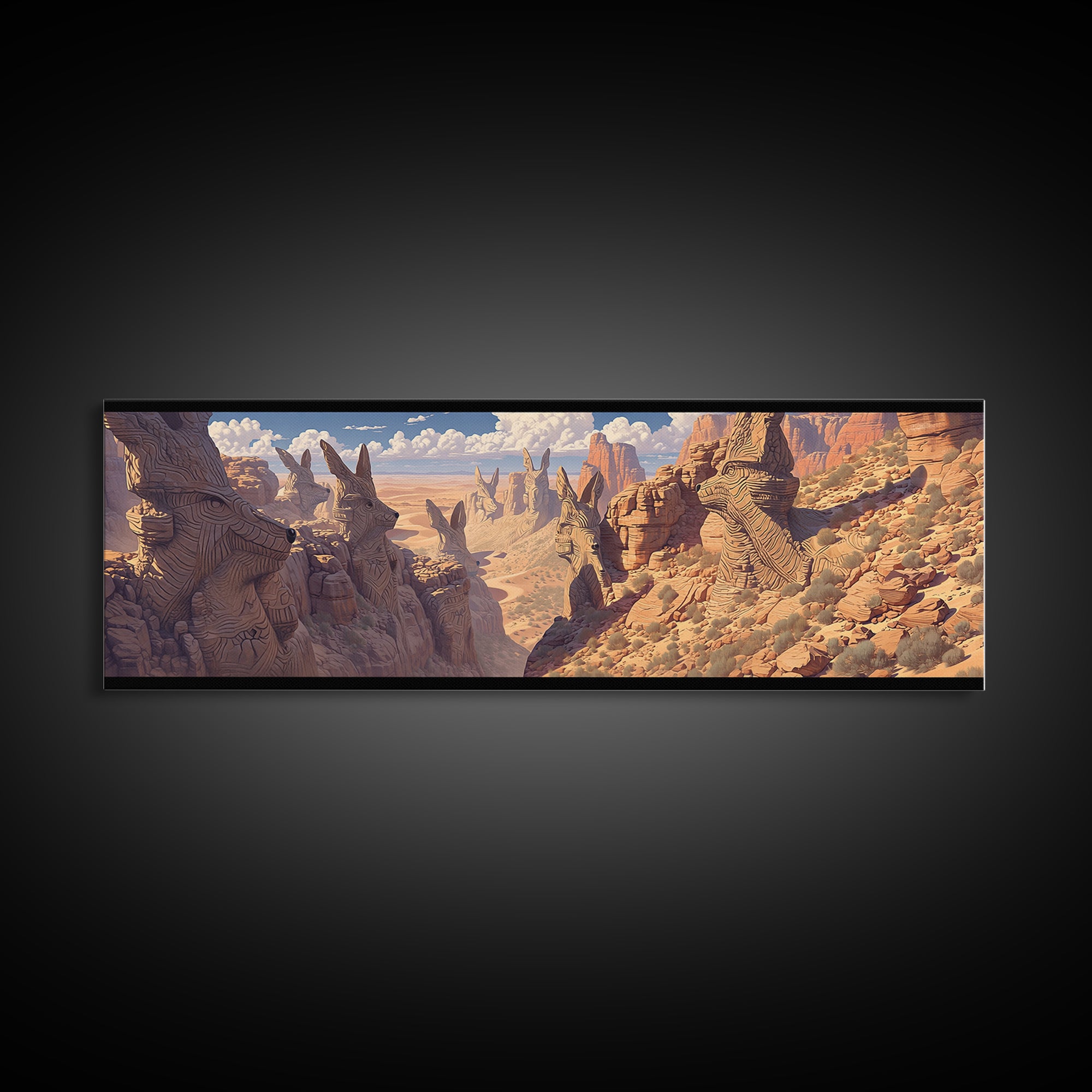 Carved Canyon Faces And Monument Valley Cliffs Wall Art, African Inspired Tribal Landscape Decor, Fantasy Canvas Print Gift