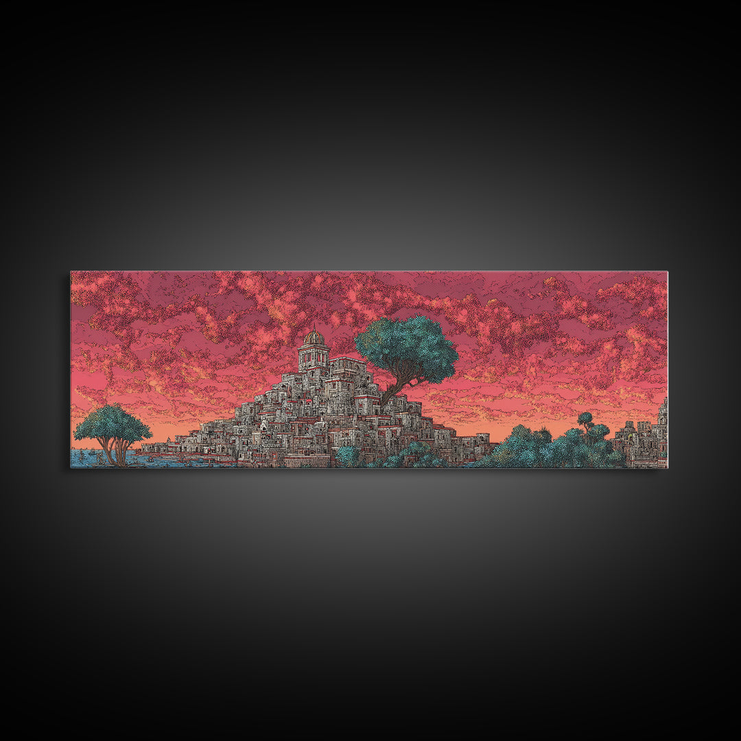 Ancient Stepped City Under Coral Sky Canvas Print, African Inspired Architecture Wall Decor, Mystical Travel Art For Home