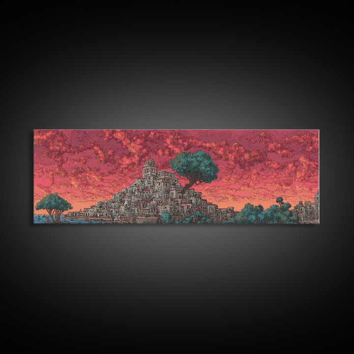 Ancient Stepped City Under Coral Sky Canvas Print, African Inspired Architecture Wall Decor, Mystical Travel Art For Home