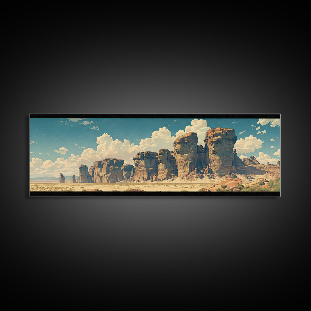 Weathered Desert Monoliths And Sunlit Sand Cliffs Framed Canvas Print, African Landscape Wall Decor, Large Safari Art Gift