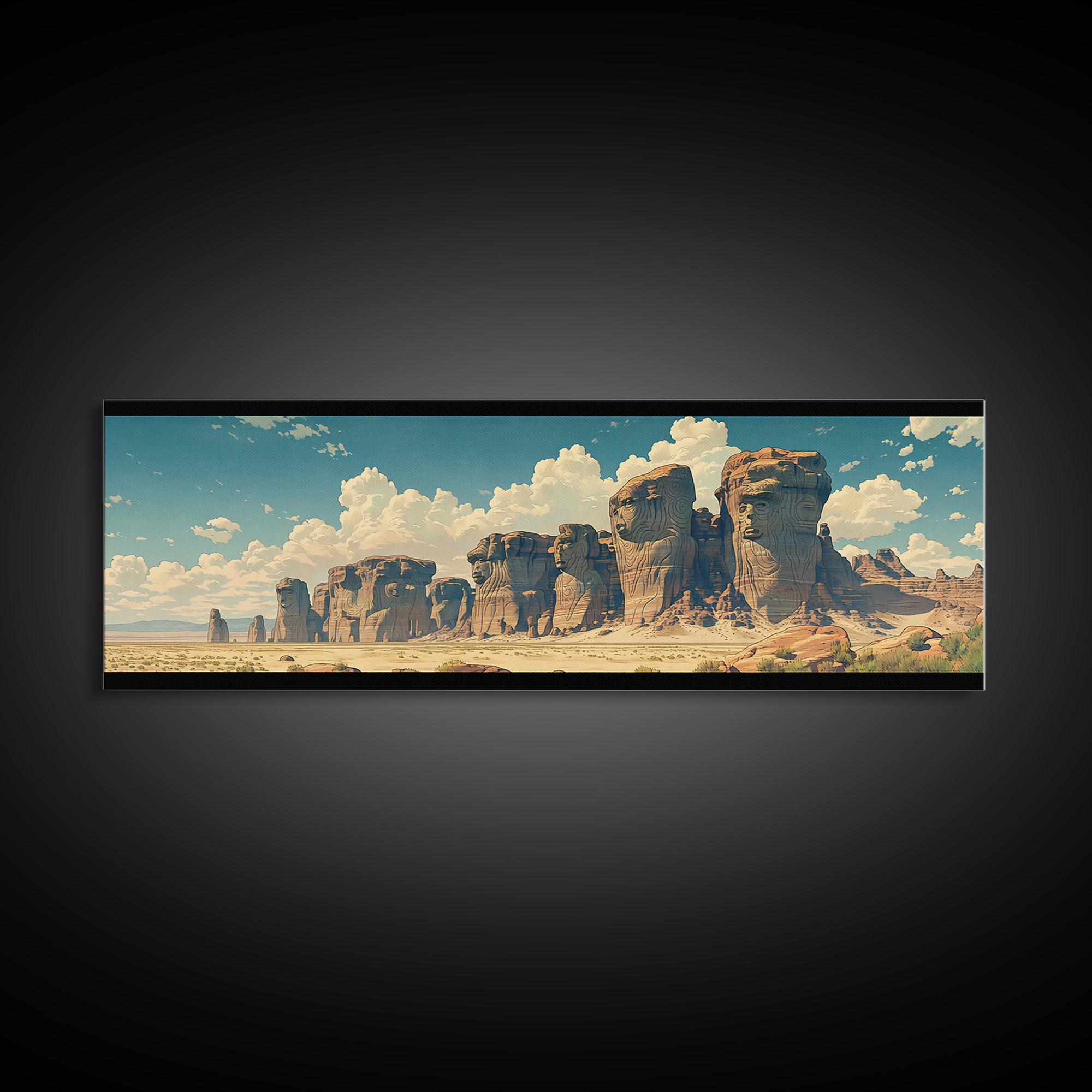 Weathered Desert Monoliths And Sunlit Sand Cliffs Framed Canvas Print, African Landscape Wall Decor, Large Safari Art Gift