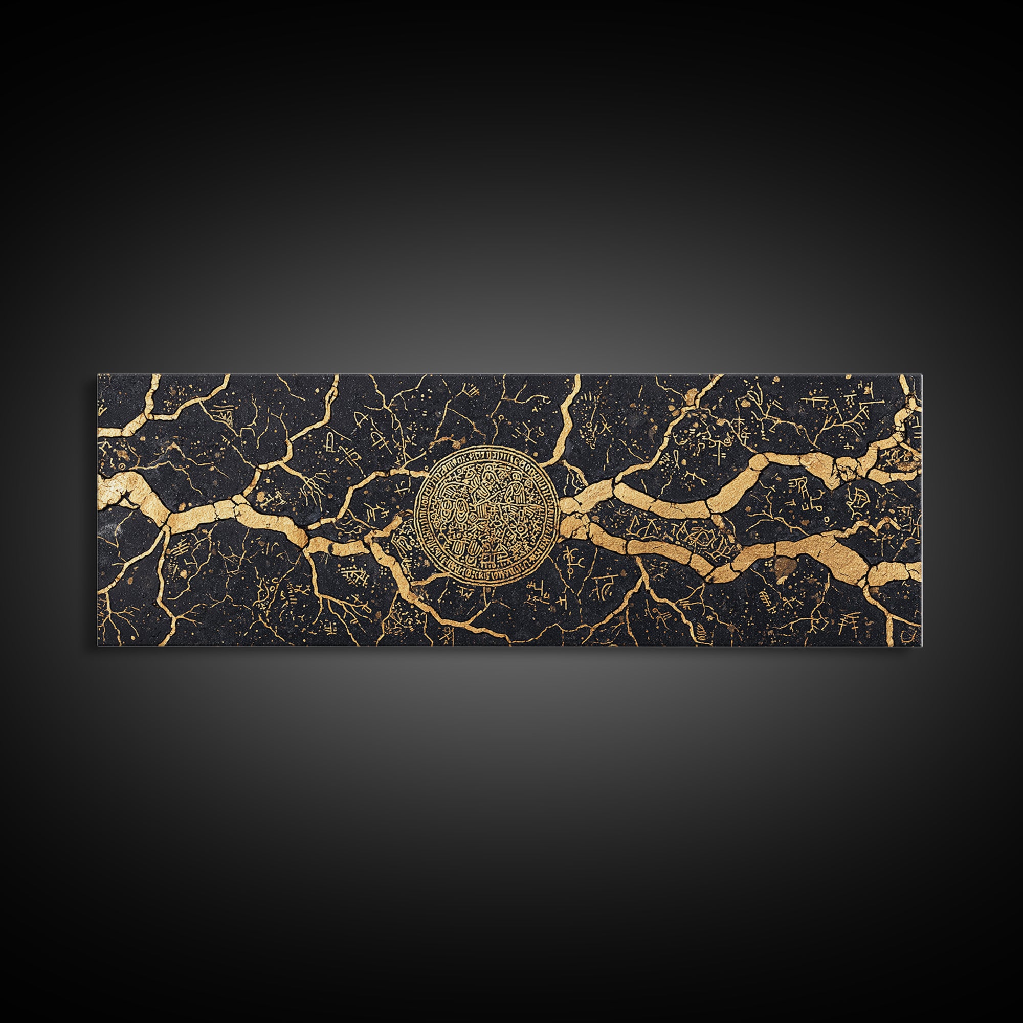 Black Gold Cracked Marble Medallion Wall Art, Luxury Abstract Wall Art, Modern Canvas Art, Elegant Home Decor Gift, Statement Wall Decor