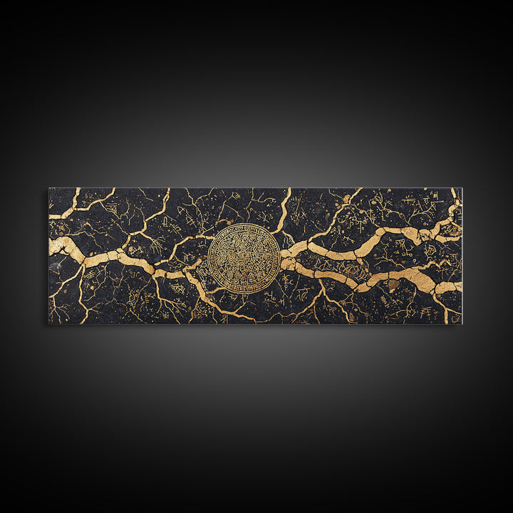 Black Gold Cracked Marble Medallion Wall Art, Luxury Abstract Wall Art, Modern Canvas Art, Elegant Home Decor Gift, Statement Wall Decor