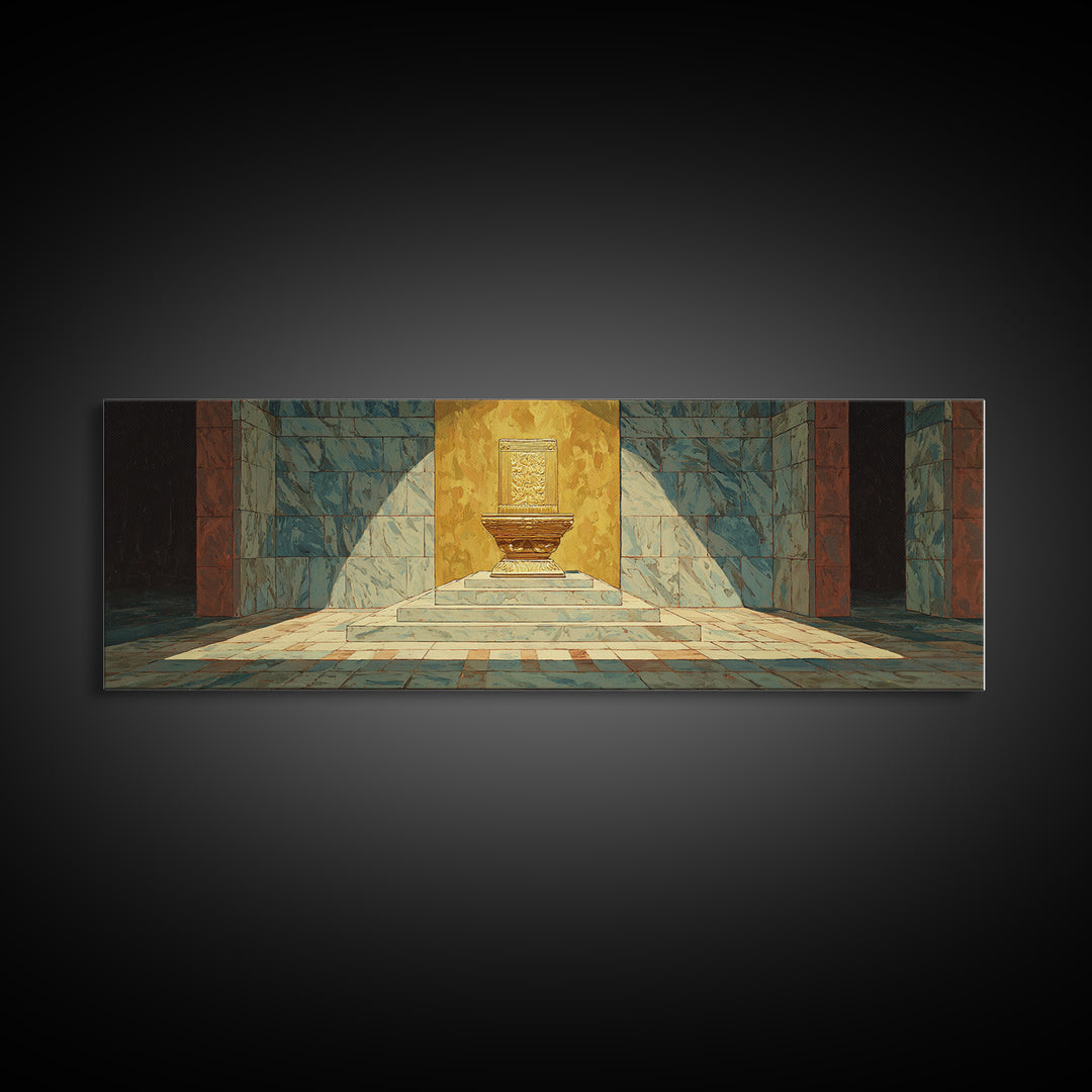 Turquoise Sunlit Temple Pedestal Canvas Print, Geometric Wall Art, Cultural Art Print, Modern Home Decor Gift, Unique Canvas Art