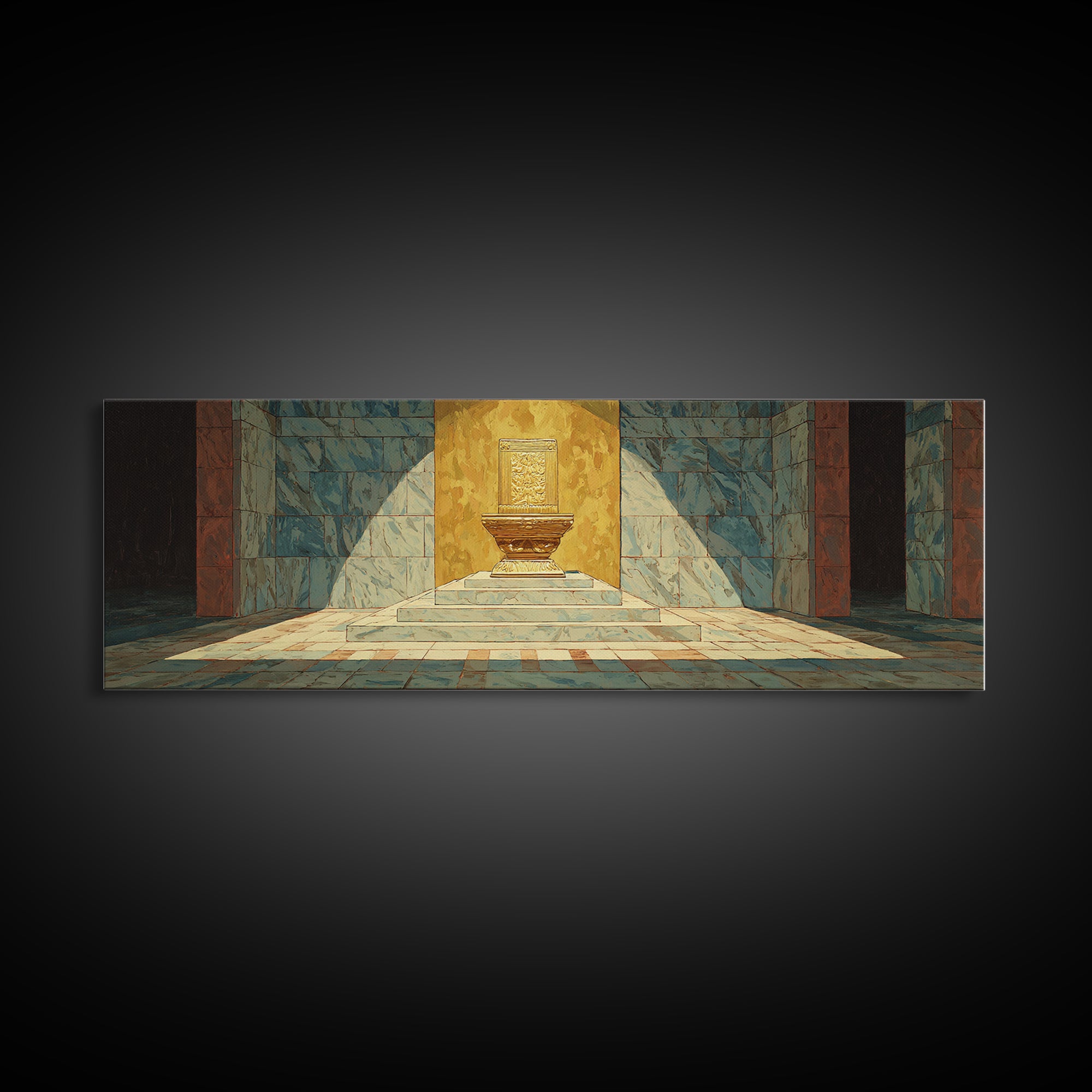 Turquoise Sunlit Temple Pedestal Canvas Print, Geometric Wall Art, Cultural Art Print, Modern Home Decor Gift, Unique Canvas Art