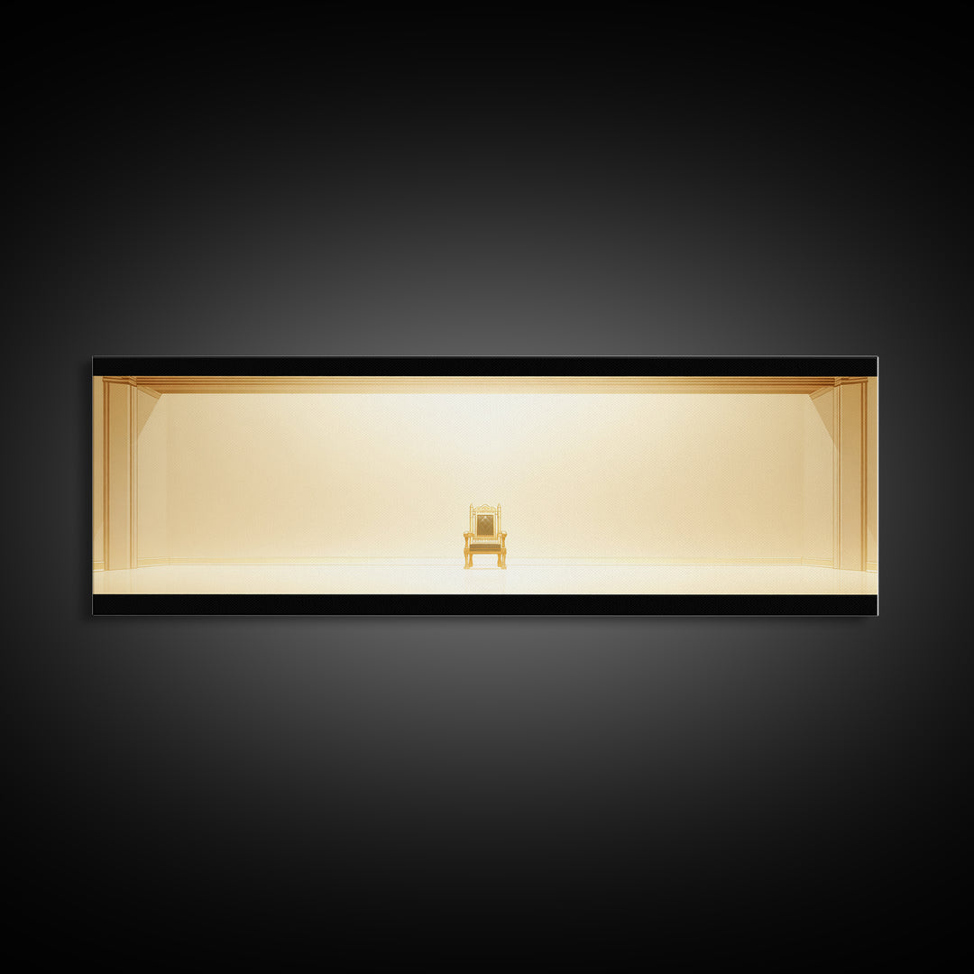Minimal Golden Throne In Luminous Hall Framed Canvas Print, Minimalist Wall Art, Luxury Art, Elegant Home Decor Gift, Ready To Hang Art