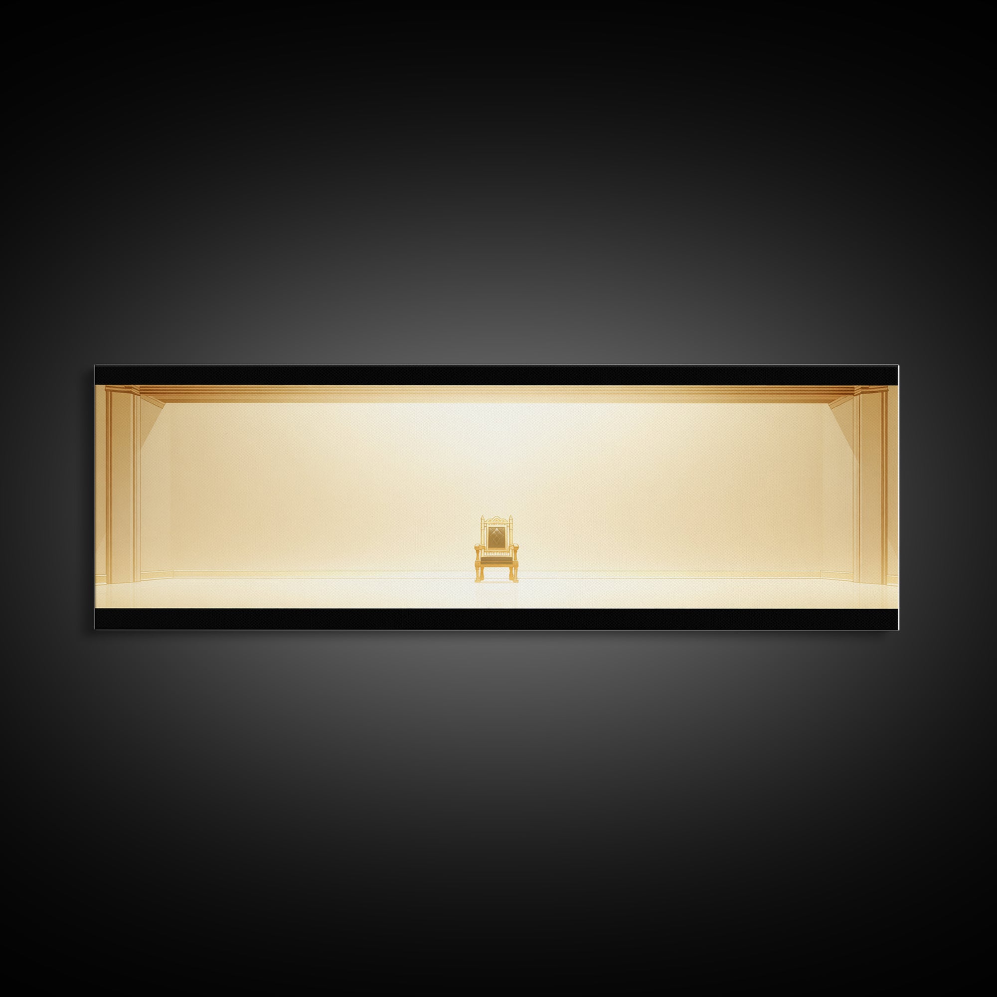 Minimal Golden Throne In Luminous Hall Framed Canvas Print, Minimalist Wall Art, Luxury Art, Elegant Home Decor Gift, Ready To Hang Art