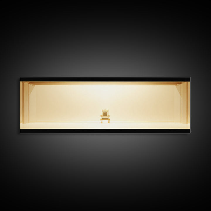 Minimal Golden Throne In Luminous Hall Framed Canvas Print, Minimalist Wall Art, Luxury Art, Elegant Home Decor Gift, Ready To Hang Art