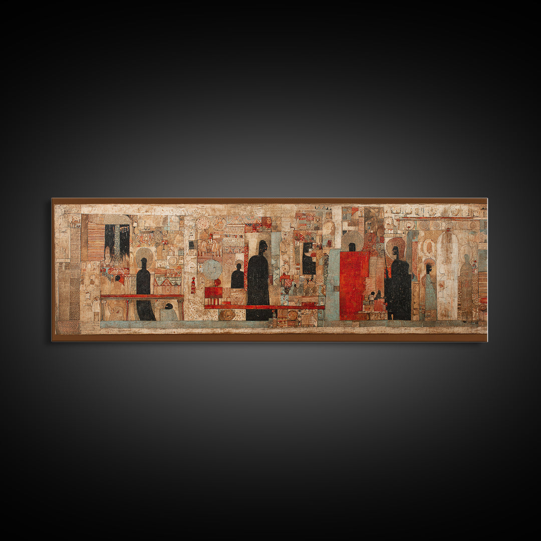 Ancient Textured Mural With Silhouetted Figures Wall Art, Cultural Wall Art, Ethnic Art Print, Abstract African Art Decor