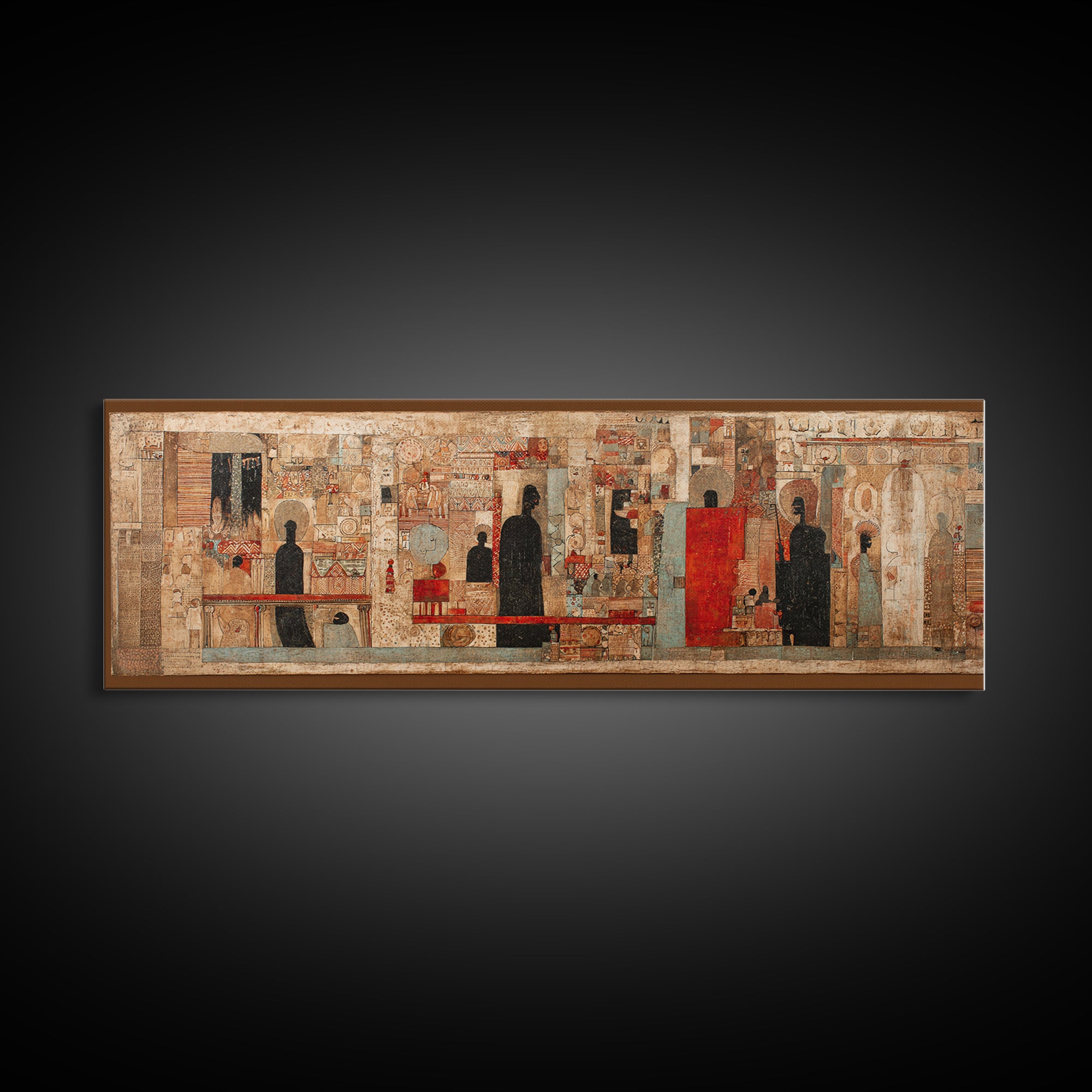Ancient Textured Mural With Silhouetted Figures Wall Art, Cultural Wall Art, Ethnic Art Print, Abstract African Art Decor
