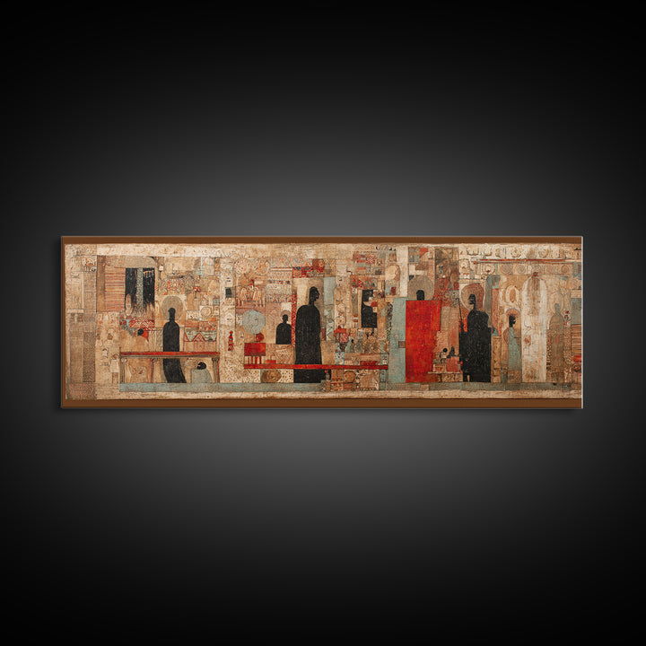 Ancient Textured Mural With Silhouetted Figures Wall Art, Cultural Wall Art, Ethnic Art Print, Abstract African Art Decor