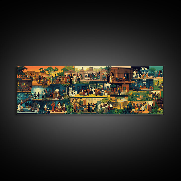 Vibrant African Village Scenes Wall Art, Narrative Marketplace Painting, Cultural Home Decor, Afrocentric Gallery Print Gift