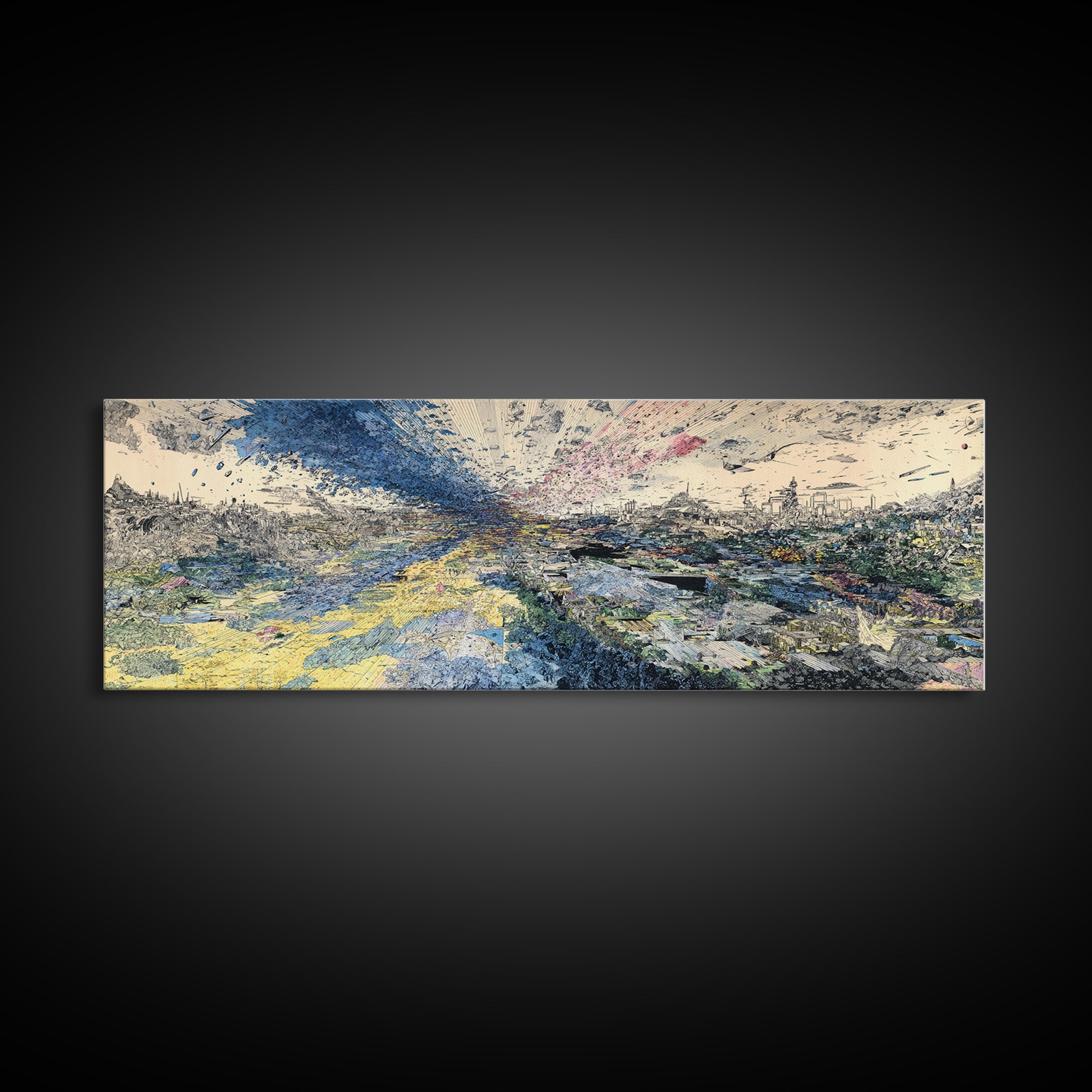 Stormy African Landscape Canvas Print, Abstract Aerial City View, Blue Yellow Modern Wall Decor, Panoramic Statement Art