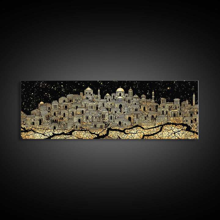 Gold African Night City Wall Art, Starry Palace Skyline, Black And Gold Cultural Decor, Panoramic Canvas Print Gift For Home