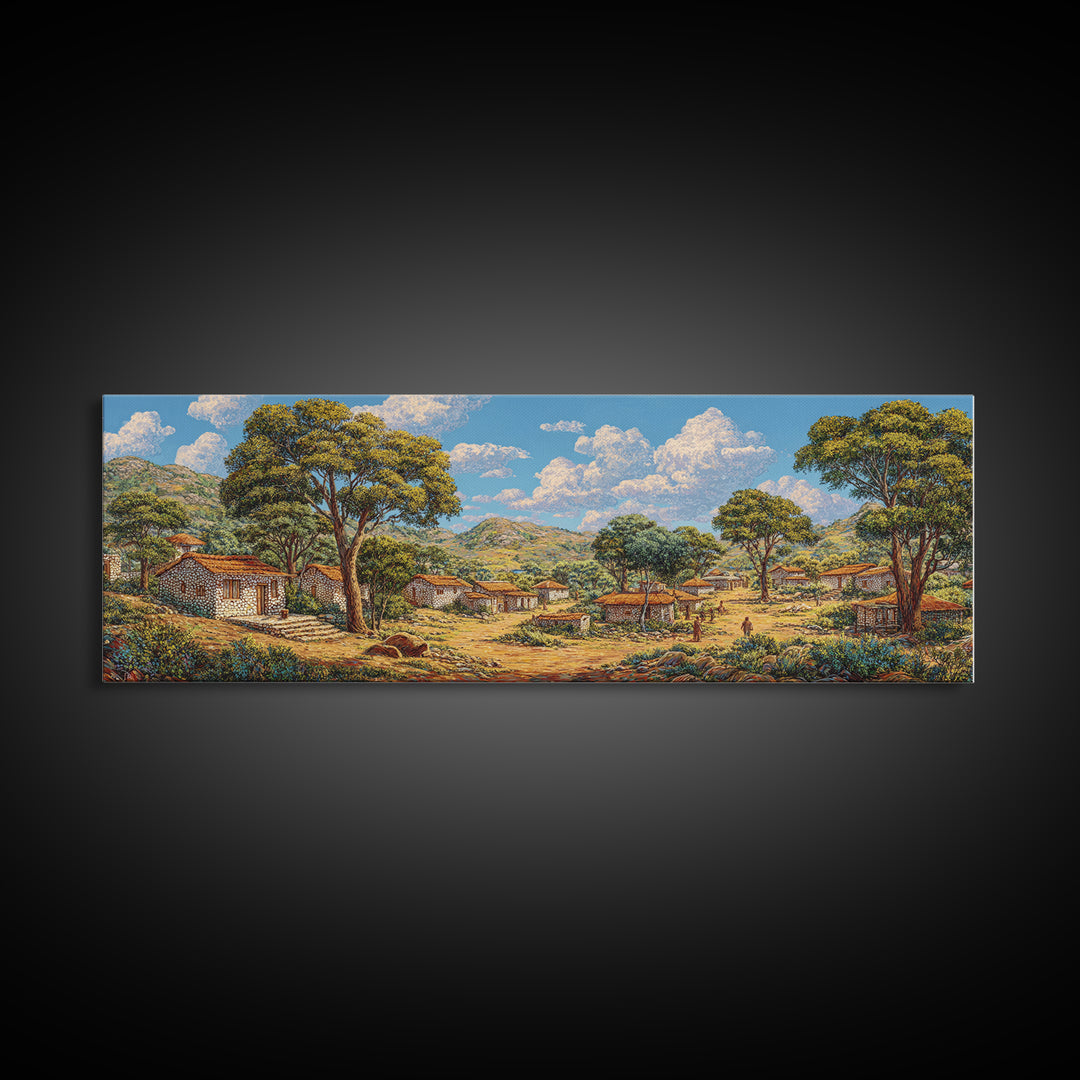 Sunlit African Countryside Landscape Wall Art, Village Nature Scene, Safari Decor, Earth Tone Panoramic Living Room Print