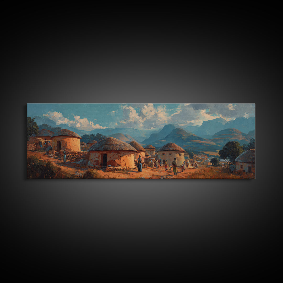 Traditional Round Hut Village Canvas Print, African Landscape Wall Art, Cultural Home Decor, Mountain Sunset Room Accent