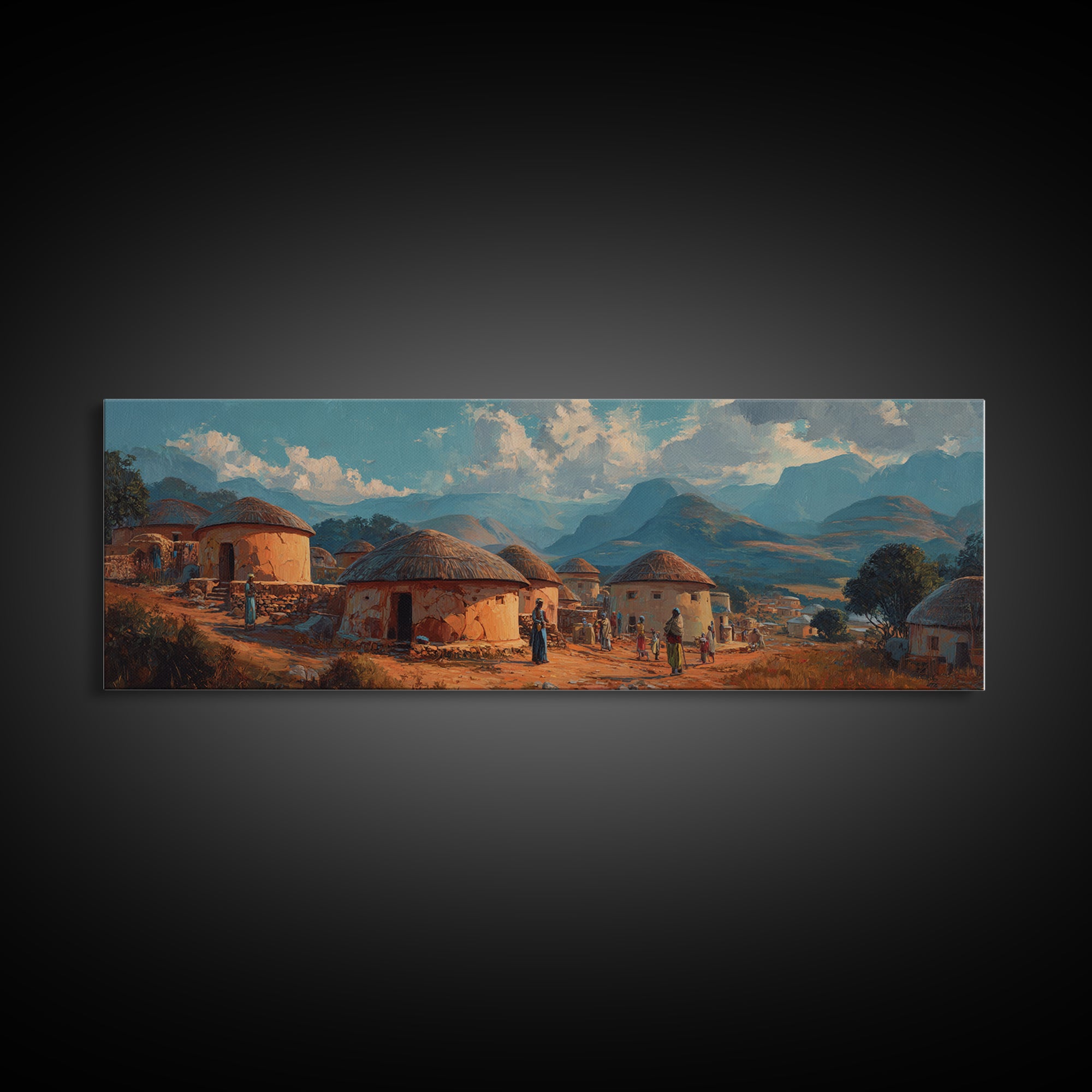 Traditional Round Hut Village Canvas Print, African Landscape Wall Art, Cultural Home Decor, Mountain Sunset Room Accent
