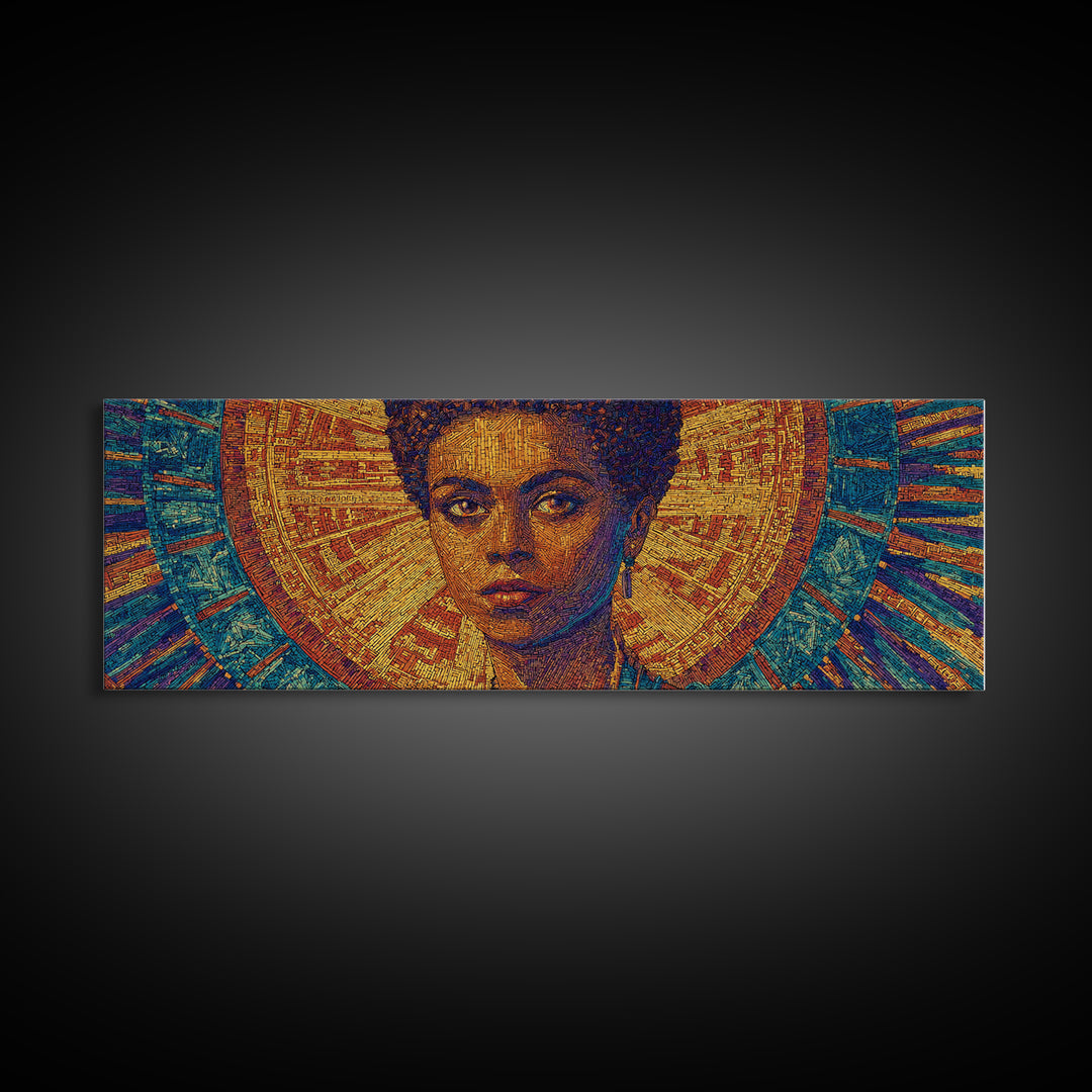 Regal Black Woman With Golden Halo Framed Canvas Print, Afrocentric Wall Art, African Queen Portrait, Melanin Decor Gift