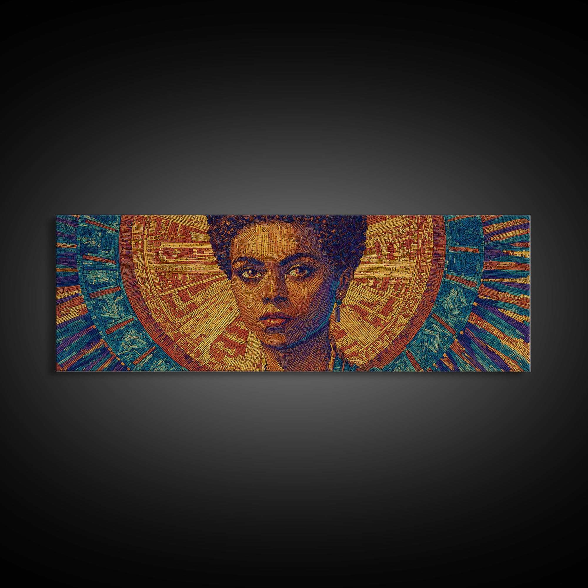 Regal Black Woman With Golden Halo Framed Canvas Print, Afrocentric Wall Art, African Queen Portrait, Melanin Decor Gift