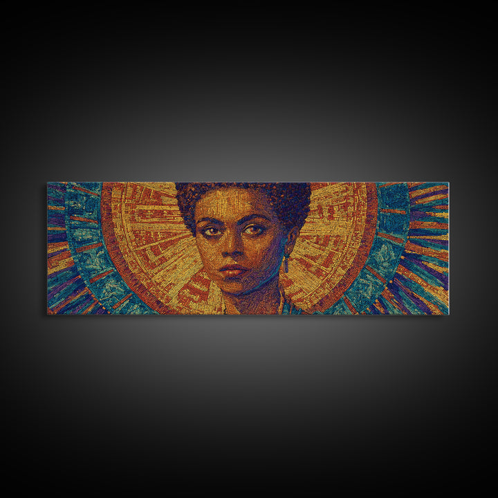 Regal Black Woman With Golden Halo Framed Canvas Print, Afrocentric Wall Art, African Queen Portrait, Melanin Decor Gift