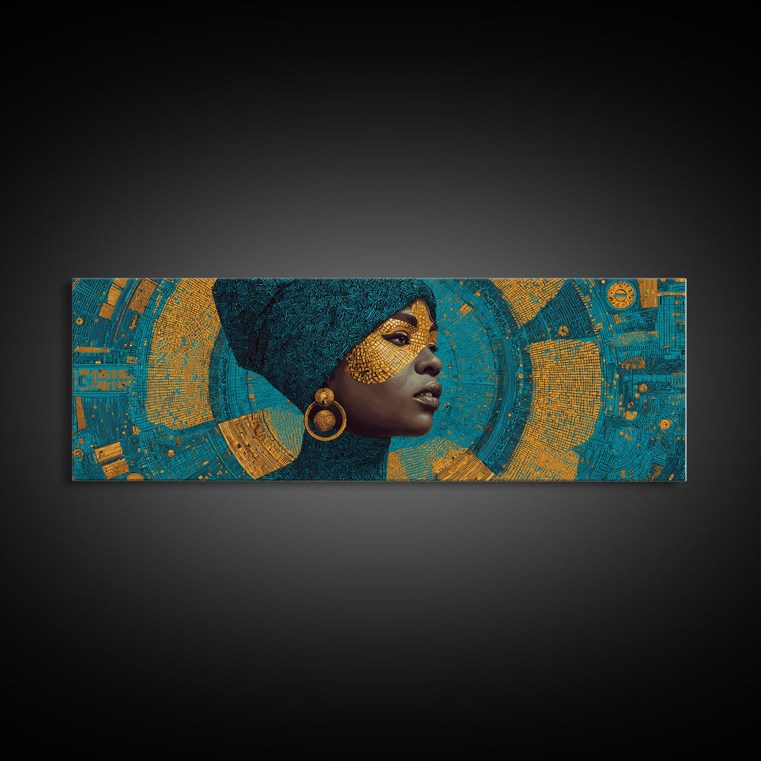 Elegant Black Queen Profile Framed Canvas Print, African Woman Art, Teal Gold Afrocentric Wall Decor, Melanin Portrait Gift